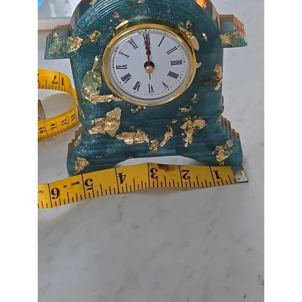Handmade Resin Desk Clock Decoration Gift  Blue With‎ Gold Leaf 728